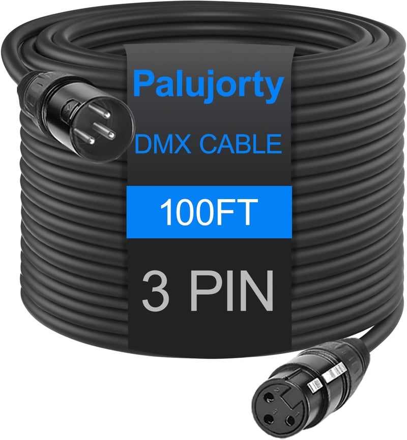 Palujorty كابل DMX 3 دبابيس 100 قدم، كابل DMX ملفوف لإضاءة المسرح - Image 1